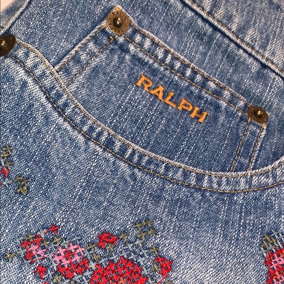 Vintage RALPH Ralph Lauren Denim Mini Skirt CrossStitch Floral Embroidery 10 Y2K - Picture 11 of 14